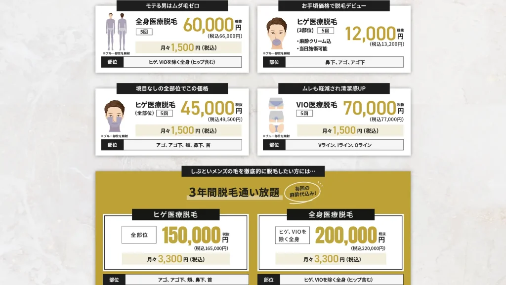 大美会クリニックのメンズ脱毛料金